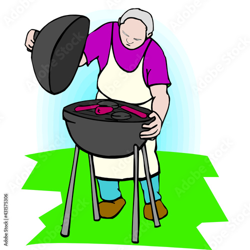 BBQ. The chef opened the barbecue lid. The cook prepares grilled meat