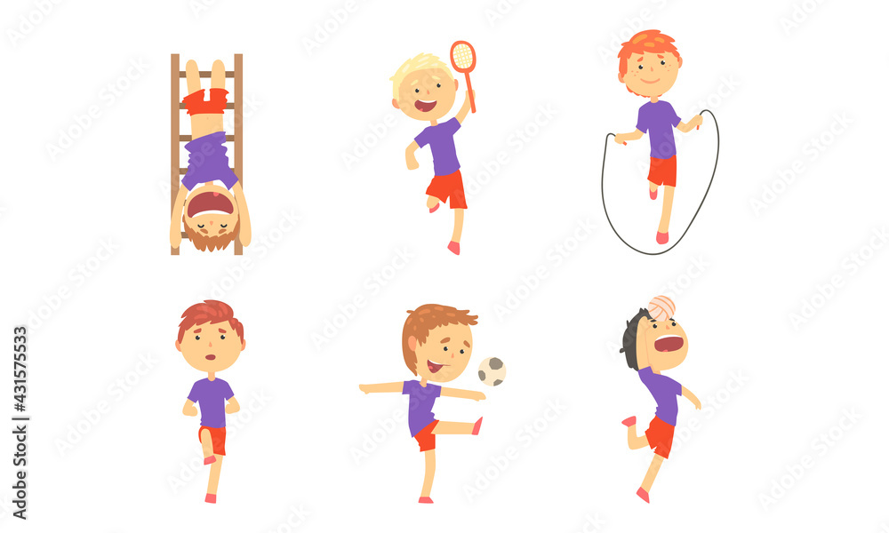 Little Boy Engaged in Physical Education and Athletics Running and Playing Volleyball Vector Set Little Boy Engaged in Physical Education and Athletics Running and Playing Volleyball Vector Set