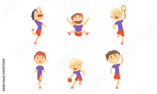 Little Boy Engaged in Physical Education and Athletics Playing Ball Vector Set