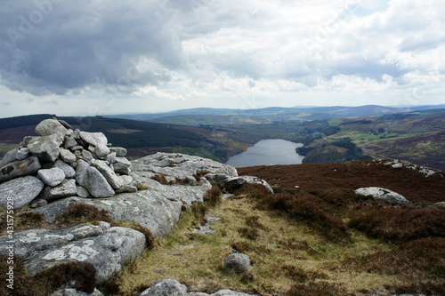 A cloudy spring day in early May in the Wicklow Mountains, Ireland. View of Lake Dan from the top of Mount Knocknacloghoge.