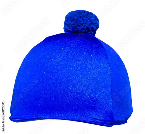 Obraz na plátně Jockey's headdress, blue round cap  isolated on white background.