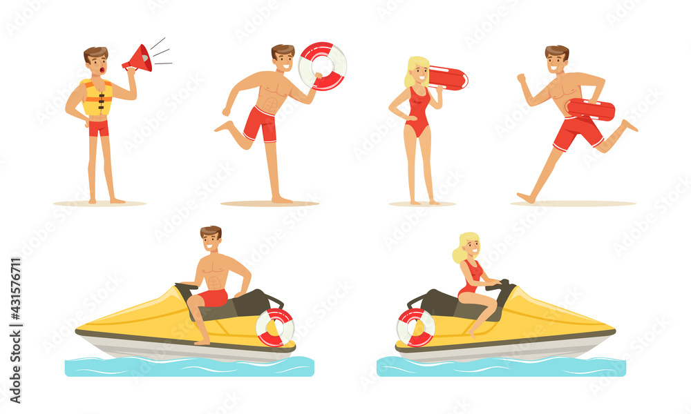 Man and Woman Lifeguard Supervising Safety of Swimmers Vector Set Man and Woman Lifeguard Supervising Safety of Swimmers Vector Set