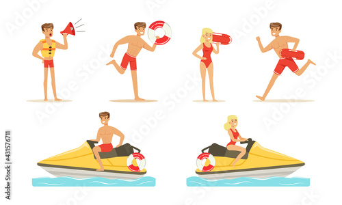 Man and Woman Lifeguard Supervising Safety of Swimmers Vector Set