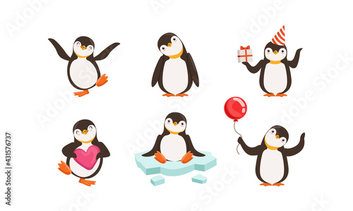 Fototapeta Naklejka Na Ścianę i Meble -  Cute Penguin Sitting on Ice Plate and Holding Gift Box Vector Set