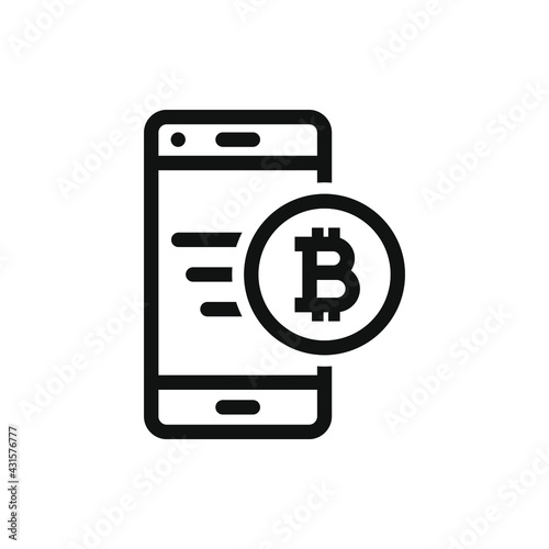 Bitcoin currency sign with a mobile phone. Fast money transfer icon concept isolated on white background. Vector