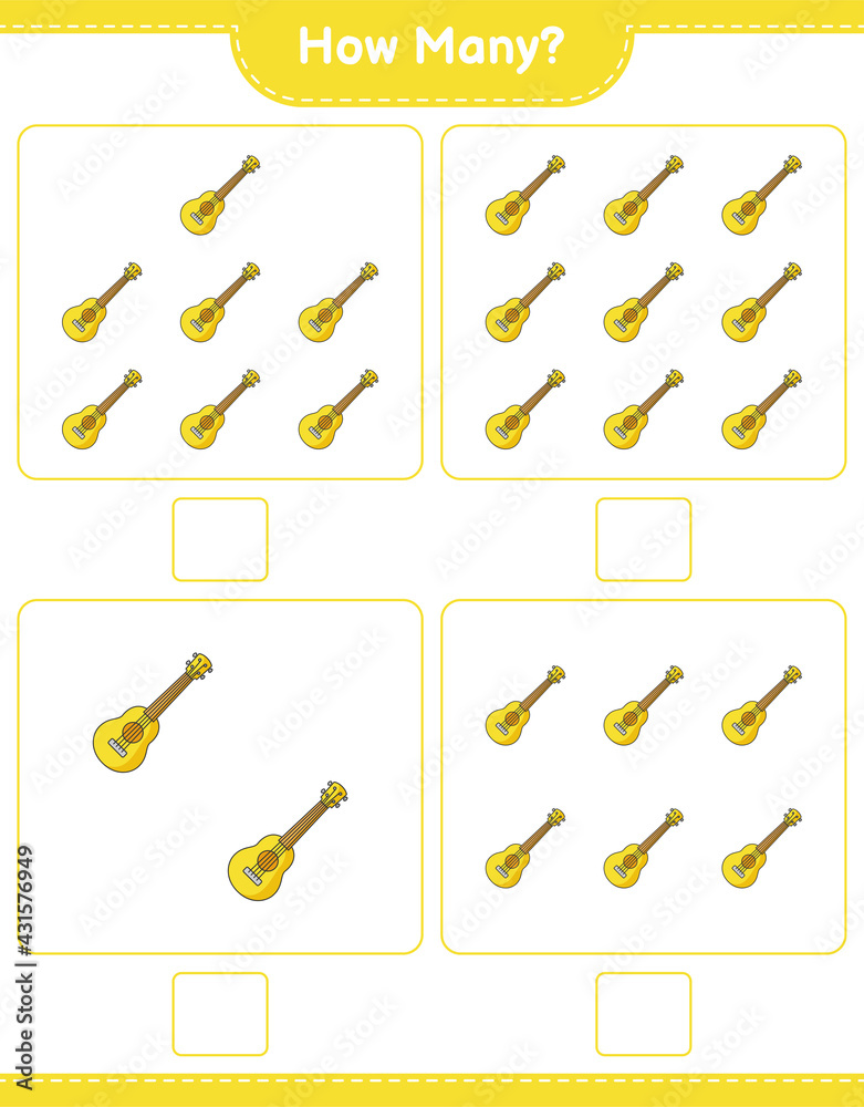 Counting game, how many Ukulele. Educational children game, printable worksheet, vector illustration Counting game, how many Ukulele. Educational children game, printable worksheet, vector illustration