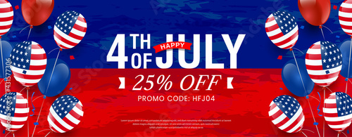 Happy 4th of July sale, discount, offer lettering design on red & blue watercolor banner background with balloon & confetti. Vector illustration
