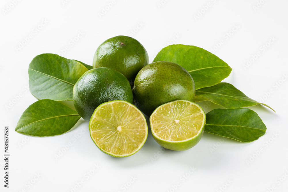 Ripe green lemon fruit on white background