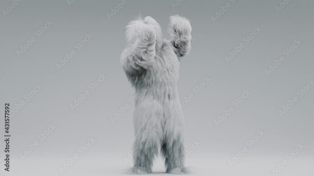 White Hairy Monster Dancing Hip Hop, hands up, fur bright funny fluffy character, fur, full hair, snowman, 3d render. Sneaking out.