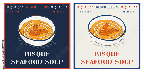 Lobster bisque creamy soup in bowl - French traditional food vintage illustration