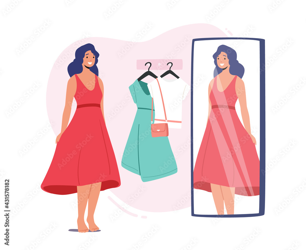 Young Female Character Trying on Clothes in Dressing Room at Store, Woman in New Dress Stand in Cabin with Mirror Young Female Character Trying on Clothes in Dressing Room at Store, Woman in New Dress Stand in Cabin with Mirror