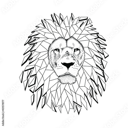 León del frente con líneas geométricas y deformaciones.