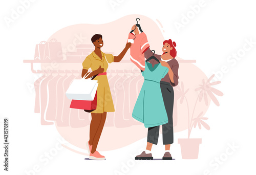 Young Woman Choosing Fashioned Dress in Store, Sales Woman Assistant Offer Garment of New Collection Stand near Hanger