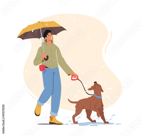 Young Man Walking with Playful Dog at Rainy Weather, Male Character with Umbrella Walk with Pet at Morning, Recreation