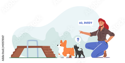 Happy Woman Training Dogs in Park Outdoor Area, Girl Playing with Puppies. Female Character Spend Time Care of Animals