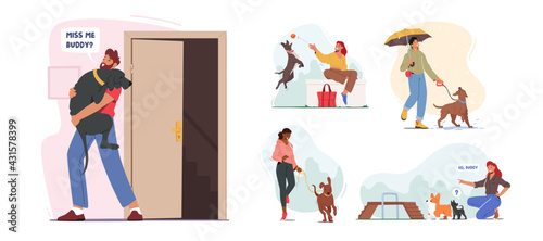Set of People Spend Time with Pets at Home and Outdoors. Characters Walking and Playing with Dogs, Relaxing Open Air