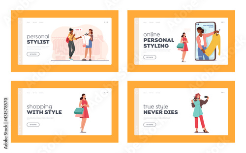 Female Characters Use Personal Fashion Stylist Online Service Landing Page Template Set. Consultant on Huge Phone Screen