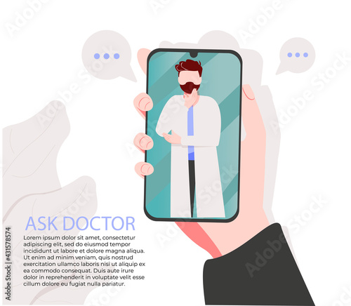 smartphone screen with male therapist on chat in messenger and an online consultation. Vector flat illustration. Ask doctor. Online medical advise or consultation service, tele medicine, cardiology