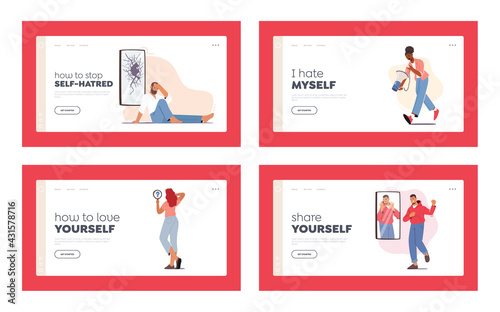 Self Anger, Loathing, Low Esteem Landing Page Template Set. Characters Look in Mirror Unhappy with their Reflection