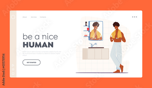 Man Brushing Teeth Landing Page Template. Young Handsome African Male Character in Nightwear with Towel Stand at Mirror