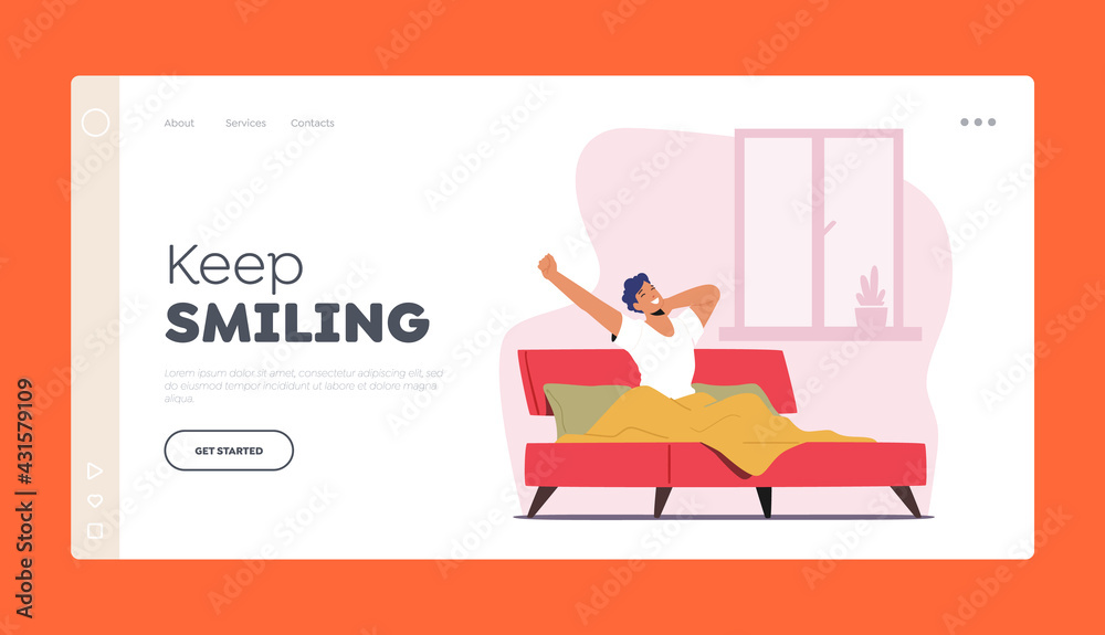 Young Man Waking Up at Morning Landing Page Template. Happy Male Character Stretch Body Sitting on his Bed after Get Up