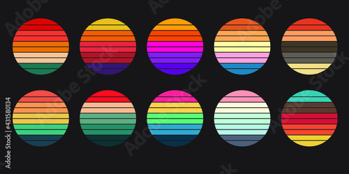 Retro Sunset Color Circle Set of 10 Vector Circular gradient background. T shirt design element. Vector illustration flat elements