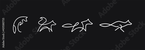 vector line art of abstract fox jumping and running, fox wall art design, minimal white foxes line logo icon illustration isolated on dark background