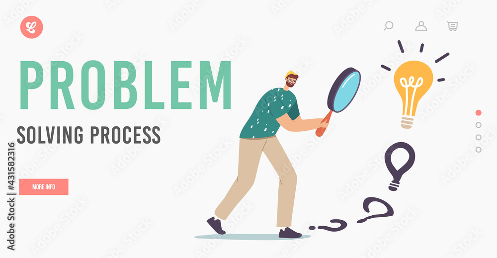 Problem Solving Process Landing Page Template. Male Character with Huge Magnifier in Hands Finding Answer, Creative Idea