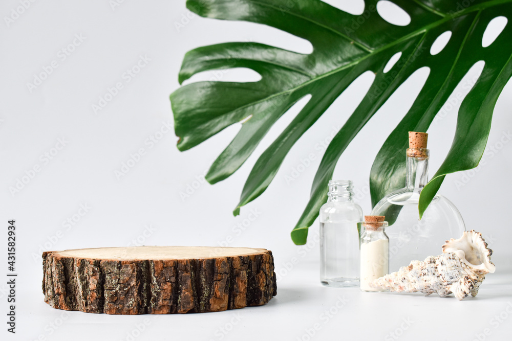 An empty podium for product presentations. A minimalistic scene of a felled tree next to glass bottles and a seashell. Mineral eco-friendly organic natural cosmetics for skin and body care. An empty podium for product presentations. A minimalistic scene of a felled tree next to glass bottles and a seashell. Mineral eco-friendly organic natural cosmetics for skin and body care.