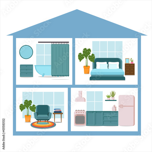 ІнтернетSet with interiors design, bathroom, living room, kitchen and bedroom. Flat vector illustration. Home interior design.
