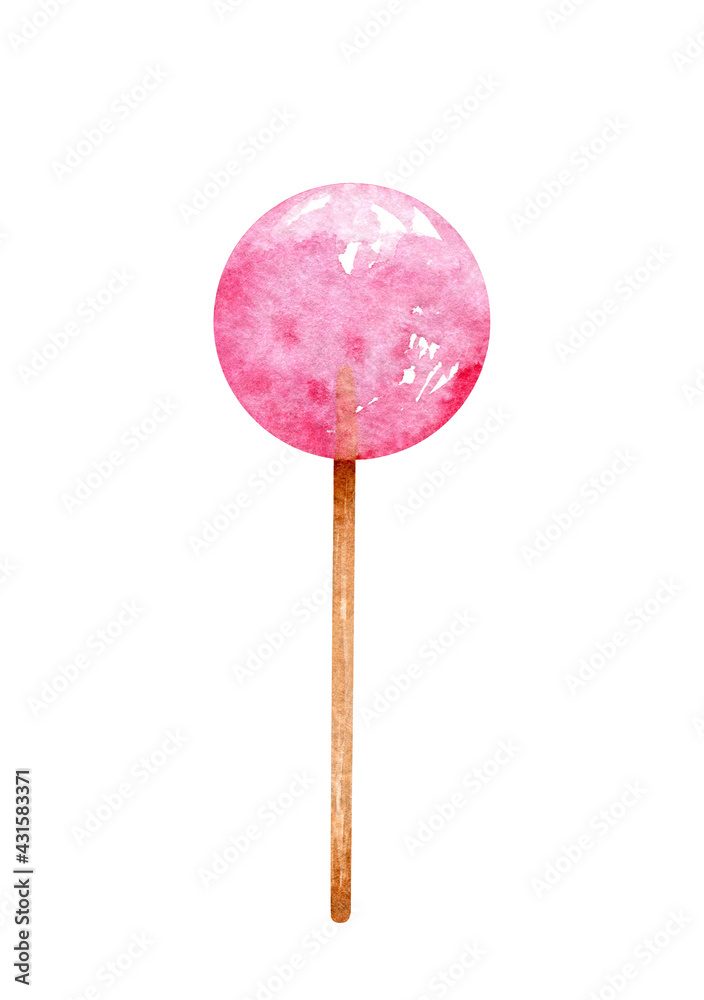 Watercolor pink lollipop. Berry candy on a stick isolated on white background. Hand-drawn illustration. Perfect for your projects, cards, decorations, covers, menu.