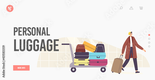 Man with Personal Luggage Landing Page Template. Baggage Claim, Plane Arrival, Tourism Travel. Tourist in Airport