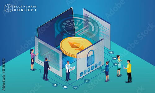 Concept of Block chain technology data analysis for investors marketing solutions or financial performance crypto currency statistics concept illustration modern flat design isometric vector