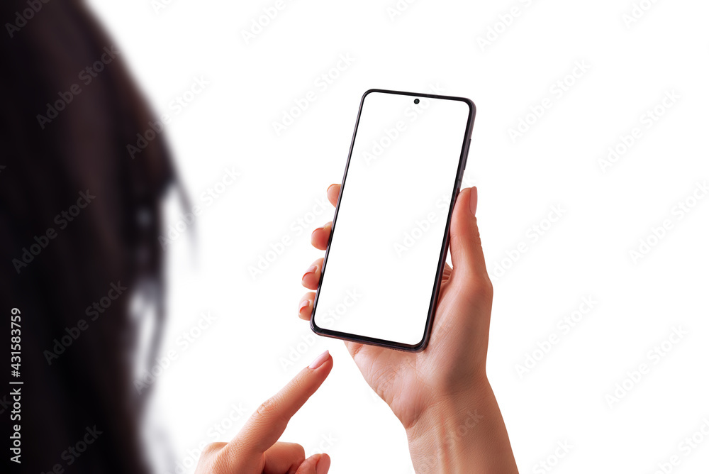 Woman touch phone display isolated concept. Isolated screen and background for app desing promotion Woman touch phone display isolated concept. Isolated screen and background for app desing promotion