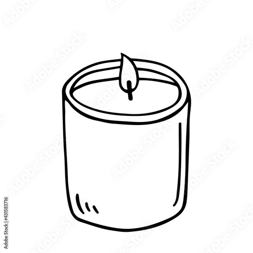Burning aroma candle in a jar isolated on white background. Vector hand-drawn illustration in doodle style. Aromatherapy, relaxation design element. Suitable for cards, logo, decorations.
