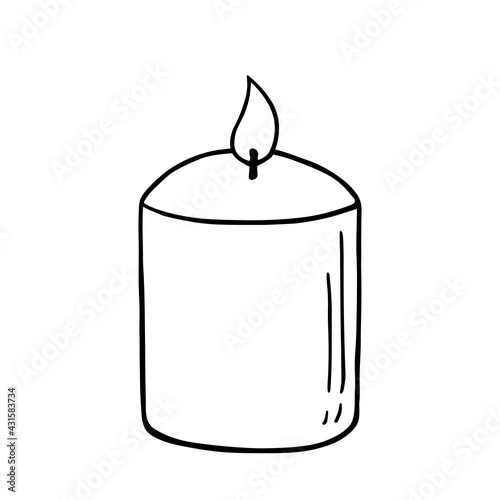 Burning wax aroma candle isolated on white background. Vector hand-drawn illustration in doodle style. Aromatherapy, relaxation design element. Suitable for cards, logos, decorations.