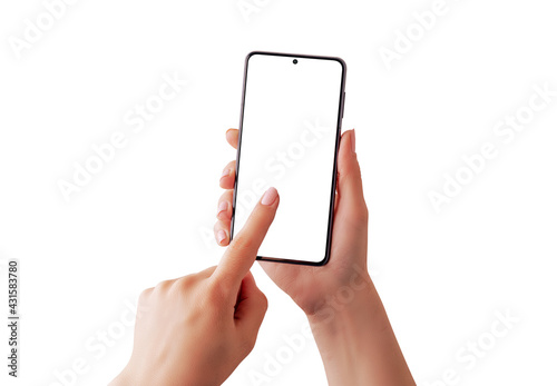 Phone mockup in woman hands isolated. Retouched soften skin. Finger touch isolated screen concept