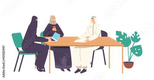 Arab Male and Female Characters Team in Traditional Clothes Communicate Sitting at Office Desk. Board Meeting, Relations