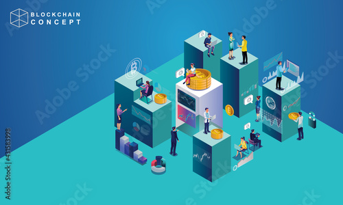 Concept of Block chain technology data analysis for investors marketing solutions or financial performance crypto currency statistics concept illustration modern flat design isometric vector