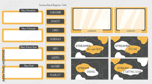 Yellow Gray twitch stream overlay with screen, panel, button elements. UI background for online cybersport player background and button