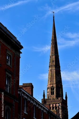 Street view of Coventry Cathedral spire  Coventry  England  UK