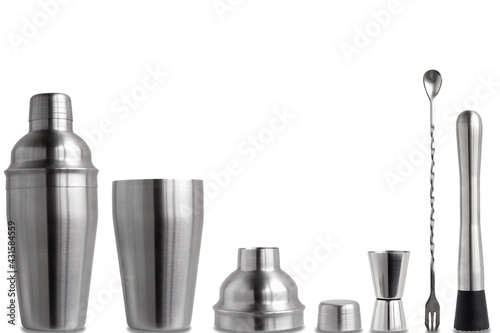 Bartender's kit on a white background in isolation. Metal shaker in disassembled form. photo