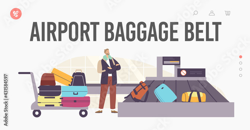 Airport Baggage Belt Landing Page Template. Plane Arrival, Tourism Travel. Tourist Male Character Claim Luggage