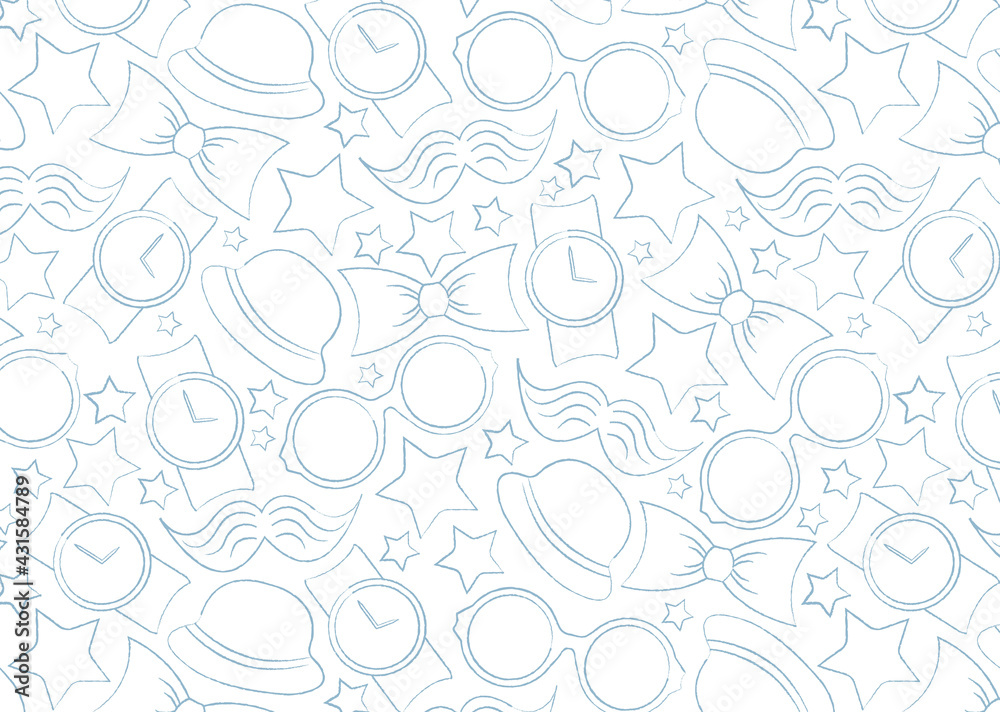 Men's Accessories. Seamless vector pattern for Happy Fathers Day.Hat, glasses, bow tie, mustache, smartphone, stars. Men's Accessories. Seamless vector pattern for Happy Fathers Day.Hat, glasses, bow tie, mustache, smartphone, stars.