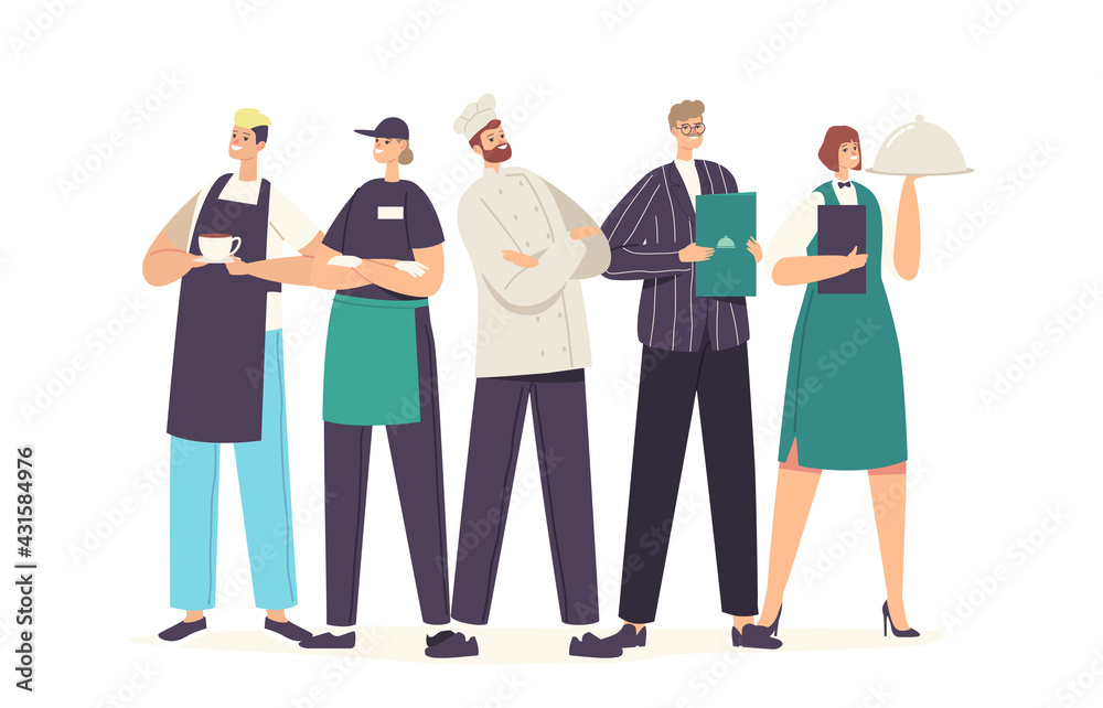Restaurant Characters Team in Uniform Demonstrating Menu. Staff of Cafe, Pizzeria, Bakery Shop or Cafeteria, Hospitality Restaurant Characters Team in Uniform Demonstrating Menu. Staff of Cafe, Pizzeria, Bakery Shop or Cafeteria, Hospitality