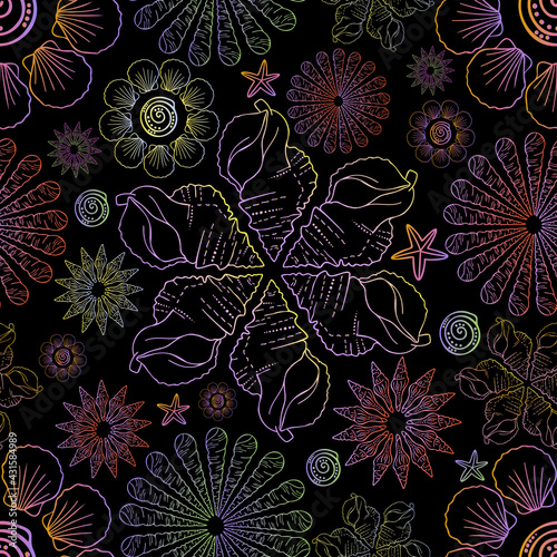 Decorative seamless elegant pattern design of seashells in floral forms in dark tones