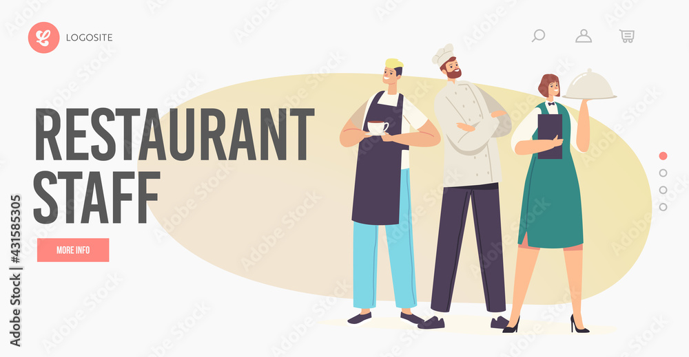 Restaurant Staff Landing Page Template. Characters Hospitality Team in Uniform. Barman with Drink, Waitress with Dish - obrazy, fototapety, plakaty 