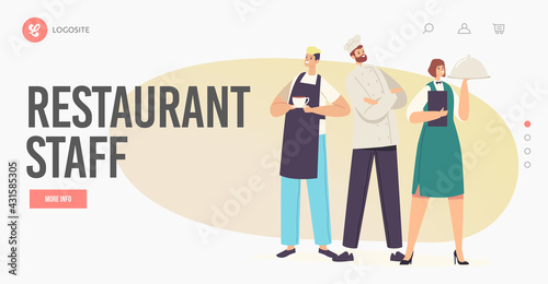 Restaurant Staff Landing Page Template. Characters Hospitality Team in Uniform. Barman with Drink, Waitress with Dish