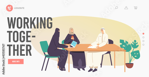 Arab Male and Female Characters Team in Traditional Clothes Work Together Landing Page Template. Board Meeting