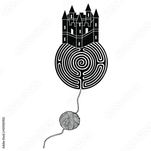 Medieval castle on top of a round spiral maze or labyrinth symbol and thread of yarn ball leading to it. Creative concept for challenges and finding solution. Black and white silhouette.